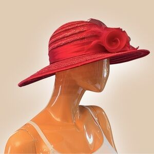 Red Wide Brim Straw Hat with Tulle Rosettes